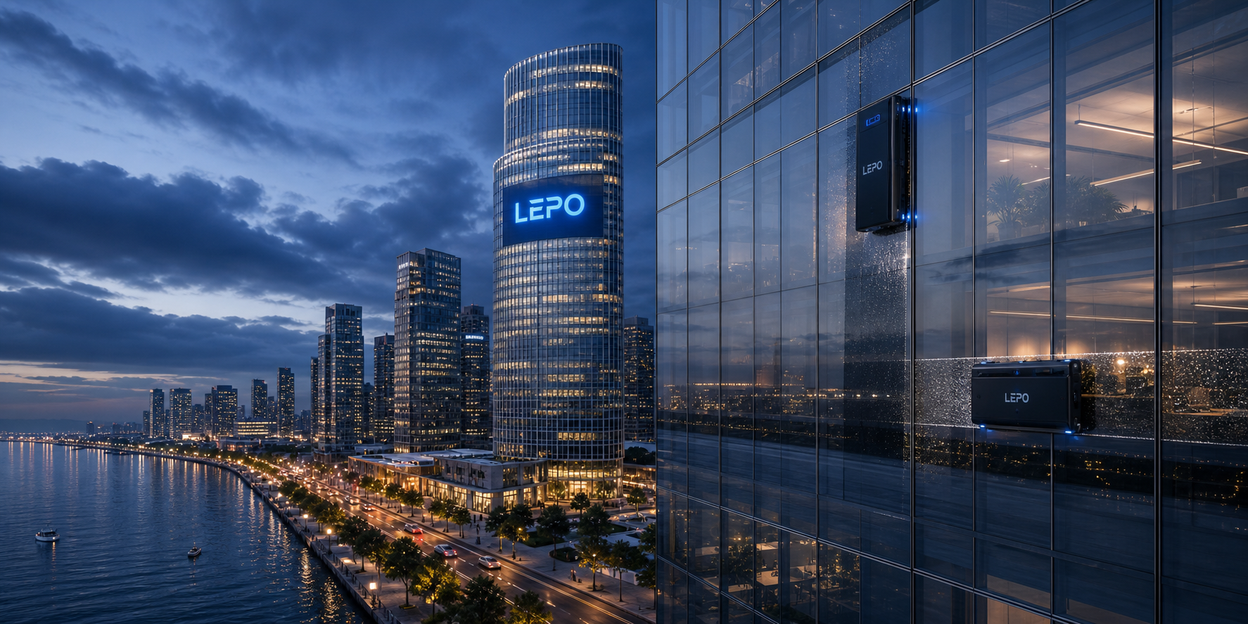 LEPO autonomous façade robots operating on a modern waterfront skyscraper